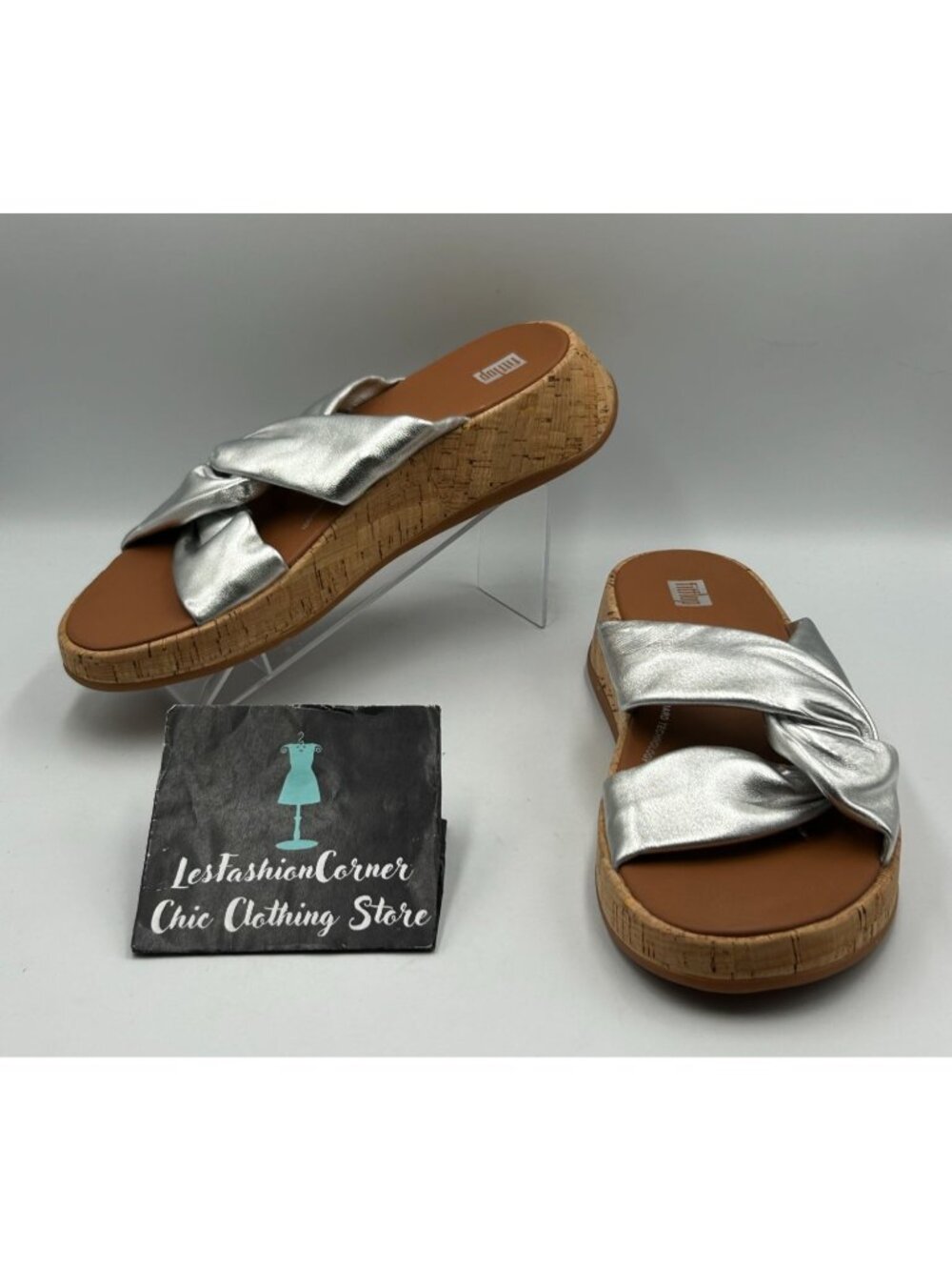 NWT FitFlop Womens Silver Leather F-Mode Leather-Twist Slides Sandals Sz 10 3419